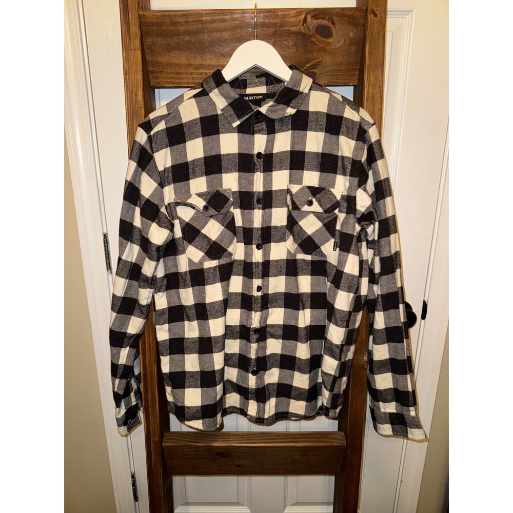 Burton Mens Flannel Shirt Black Cream Plaid Long Sleeve Size‎ L